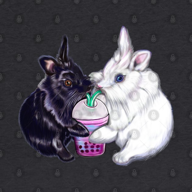 Boba bunnies - bunny rabbits sipping bubble tea - pair of cute furry ebony and snow colored coloured lionhead bunny rabbit by Artonmytee